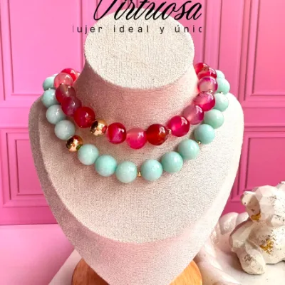 Collar en piedras naturales ágata verde menta y fucsia #14