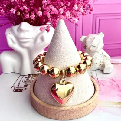 Pulsera elástica en balines de rodio #12 y corazon en rodio,