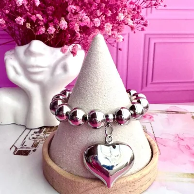 Pulsera elástica en balines de rodio #12 y corazon en rodio,